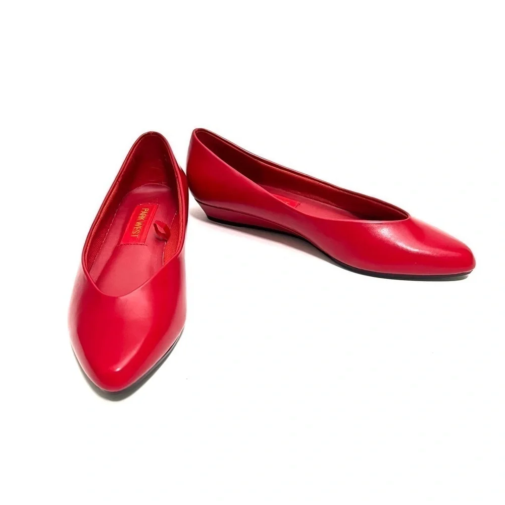 Vintage 1980s deadstock cherry red vegan leather slip on mini wedge heels